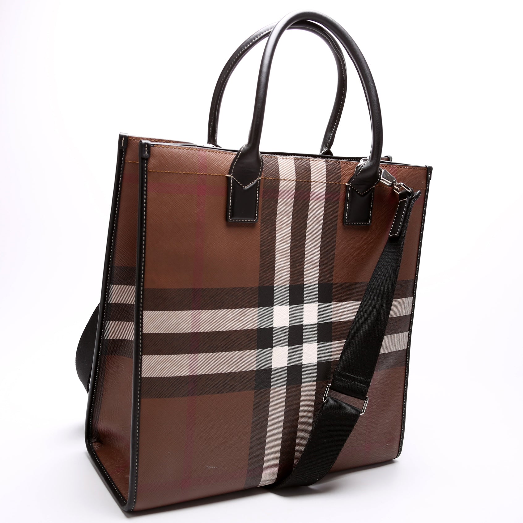 Burberry Check E-canvas Tote Bag In Brown