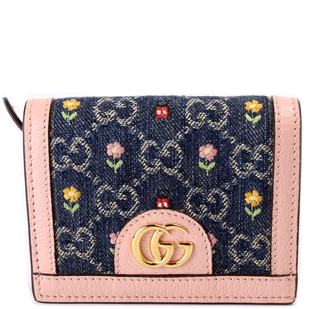 523155 Ophidia GG Denim Flower Embroidered Card Case Wallet
