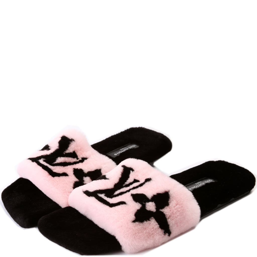 Pink Lv Fur Slides For Women