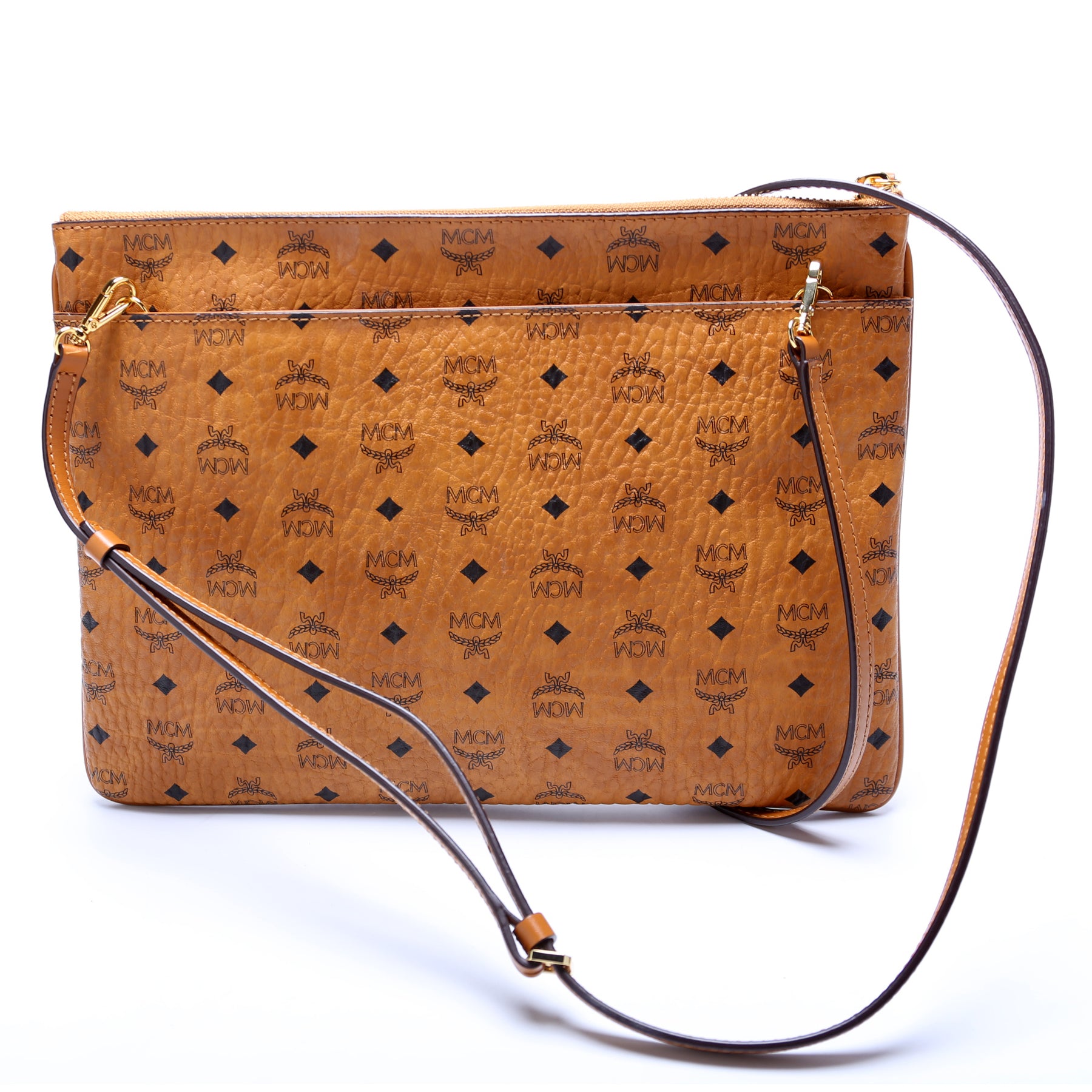 MCM Visetos Pouchette Leather Detachable Strap Cognac Clutch MC